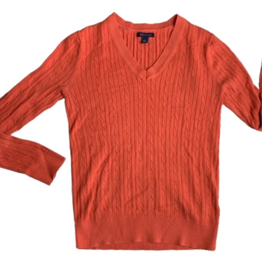 Tommy Hilfiger Orange V-Neck Sweater Ribbed Knit EUC M 💯 Cotton
